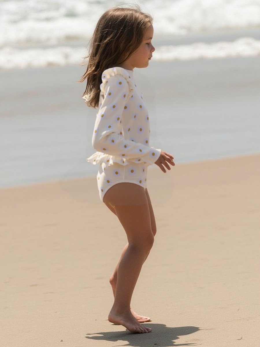 Joya Kids® Badpak Lange Mouw Gebroken Wit met Bloemen print met Ruches Meisjes | Zwempak met ruches UV Badpak Madeliefjes | Zwempak Lange Mouw UV Bescherming | Meisje Bikini Zomer | Kinderbadpak Peuter | | 2 - 3 Jaar — afbeelding 2
