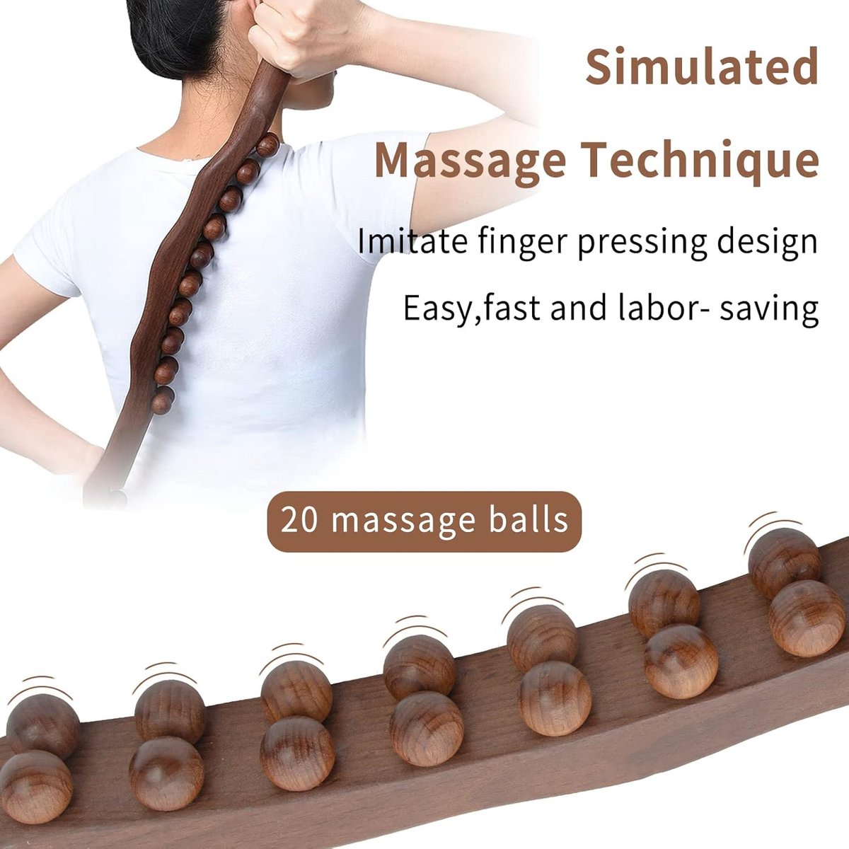 RugMassage - Massage Apparaat - Rug/Nek/Schouder/Buik/Taille/Armen/Benen - Massage Stok Hout - Houten Massage Stok - Massage Stok Hout XL - 20 Massage Ballen - Gua Sha Massage Tool - 1 Stuk - Bruin Hout - Gua Sha Massage Stick thumbnail 2