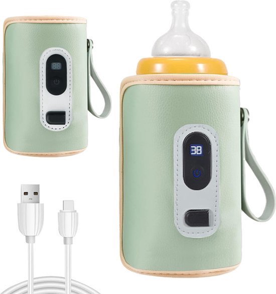 Set van lichtgroene flesverwarmers met USB-kabels.