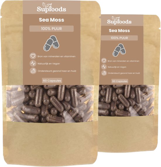 Twee bruine zakjes Supfoods Sea Moss 100% Puur met zichtbare capsules. Met iconen voor mineralen, vegan en gezond haar.