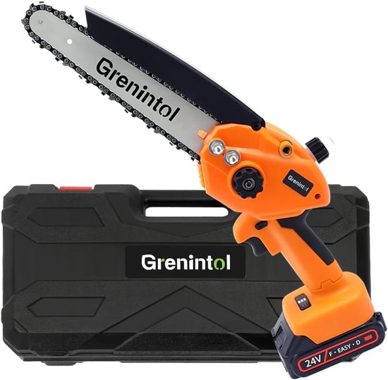 Grenintol - Mini Kettingzaag Set - Kettingzaag - Draadloze Accu Kettingzaag - Kettingzaag Electrisch - Met 2x 3000mAh/24V & Automatische Smering | Brushless Motor, 2 Kettingen + Opbergkoffer | Voor Snoeien, Takken en Houtbewerking | & Stil