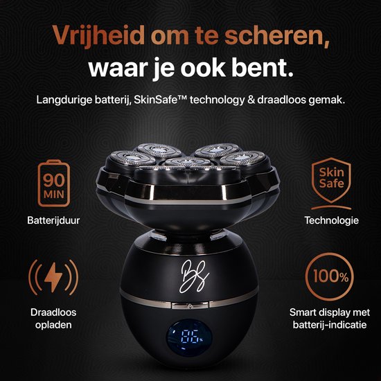 Zwarte Skull Master scheerapparaat met 7 scheerkoppen, Skin Safe technologie, 90 min batterijduur.