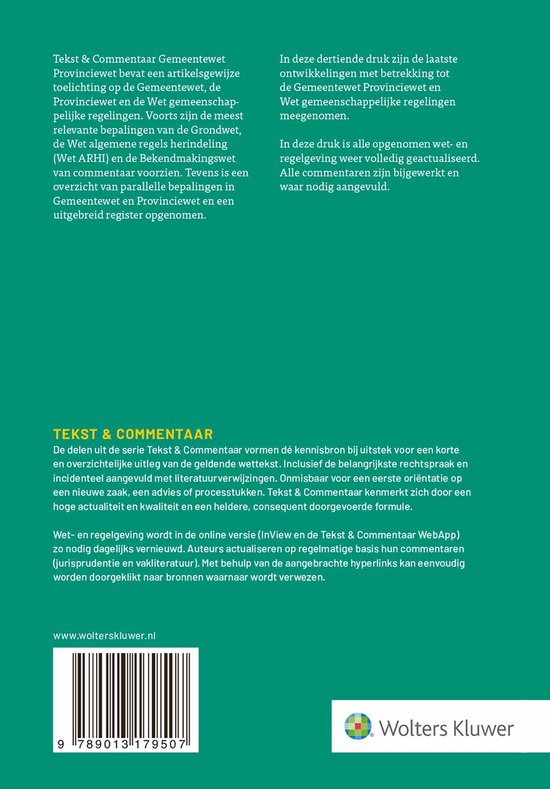 Boek "Tekst & Commentaar Gemeentewet Provinciewet" met barcode en Wolters Kluwer logo.