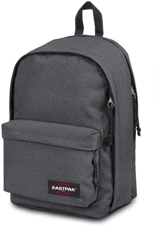 Donkergrijze Eastpak rugzak met voorvak en Eastpak logo.