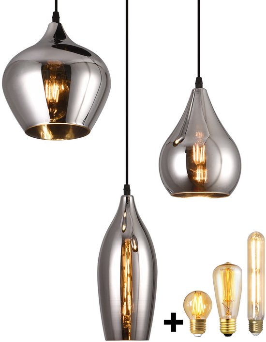 HeyHeaven® Smoke Glas Hanglampen 3 Lichts | Industrieel | Woonkamer | Eetkamer | Slaapkamer | Zilver Rookglas