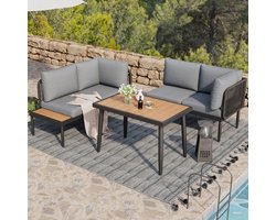 Tuin Eetset - Tuinmeubelen Set - Hoekbank - Eettafel - Tafelblad Plastic Hout - Grijs