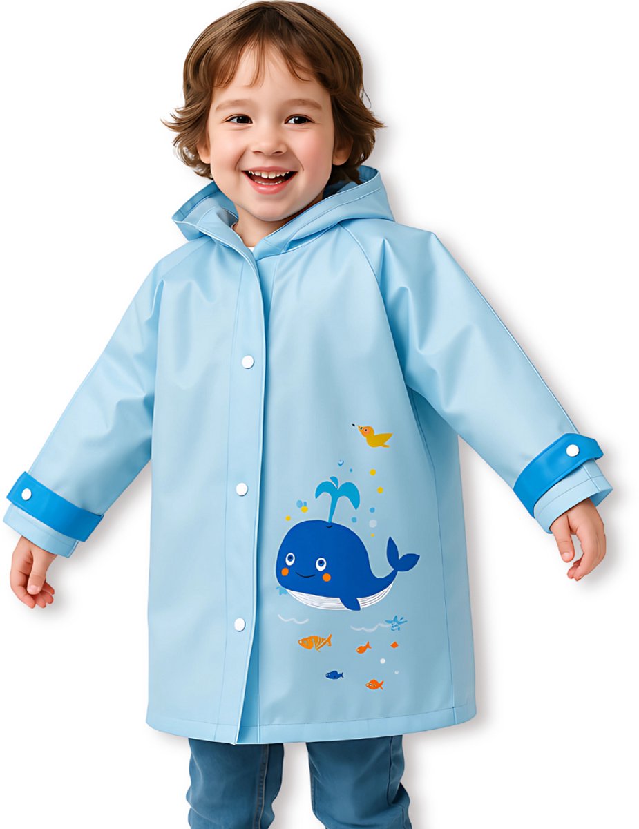 BoefieBoef Blauwe Kinder Regenjas Zee Walvis – L 4 tot 8 jaar – Kleuter RegenPoncho – Premium EVA Waterdicht – Regenmantel - Regen Winter School Buitenspelen – Knutseljas – Cadeau Tip voor Meisjes & Jongens – lengte 105-125 cm