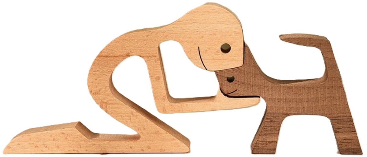 Houten beeldje - Natuurlijk hout - Beeld - Decoratief - Hout - Man - Hond – B05