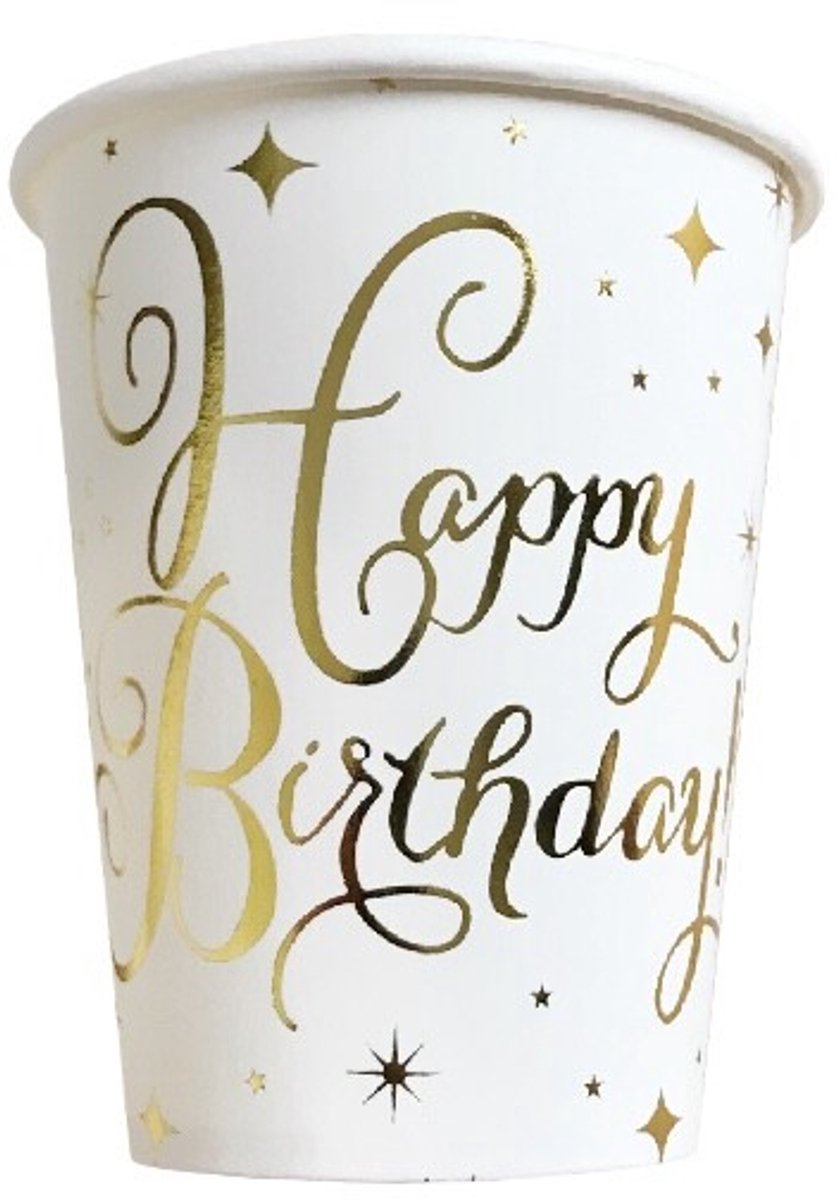 Bekers - Happy Birthday! - Wit/Goud - 8 stuks