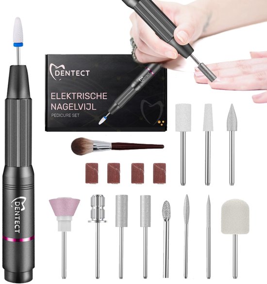 Elektrische nagelvijl set met diverse bitjes, borstel en voorbeelden van manicure en pedicure.