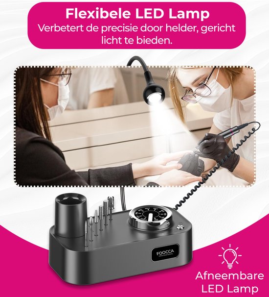 FOOCCA® Elektrische Nagelvijl - Nagelfrees 45000 RPM - Desktop Pro - LED Verlichting - 12 Bitjes + 65 Schuurrolletjes + 2 Accessoires - Nagelstofkap - Manicure en Pedicure Set - Eeltverwijderaar - Kalknagels