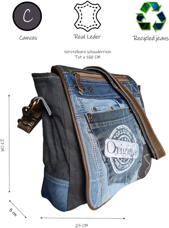 Sac - Denim- Toile - Cuir- jeans recyclés - femme - homme - Rétro - Vintage - Streetwear - 25 x 27 x 8 cm - Sunsa