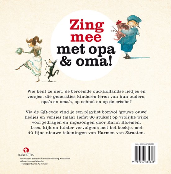 Achterkant met de titel 'Zing mee met opa & oma!', met illustraties van kinderen, een hond, een kip en een beschrijving.