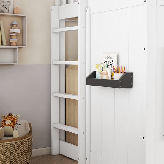 Lit superposé Pugsdrly, lit cabane avec marches, protection antichute et barre de sécurité, lit enfant avec fenêtre, lit gigogne autoportant, structure en pin, pin et MDF, blanc