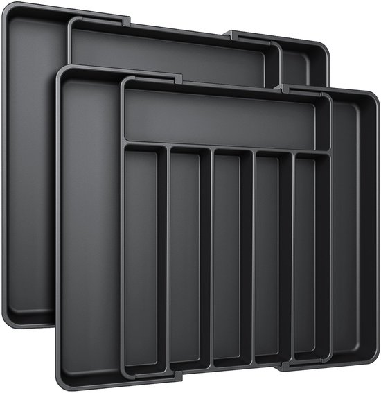 2 tiroirs à couverts réglables - 8 compartiments | Coulissante (33,5-57 cm) | Taille universelle pour Tiroirs de cuisine | Plastique Zwart