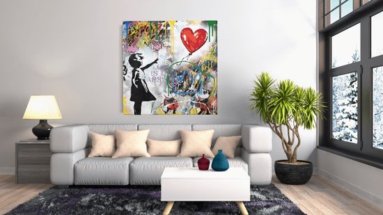 Tableau carré sur toile - Banksy Art - Fille et Ballon - Graffiti Art - 60x60x2 cm