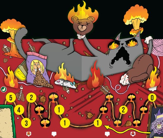 Een illustratie van het Exploding Kittens spelbord met een brandende kat, teddybeer, kernexplosies en genummerde paden.