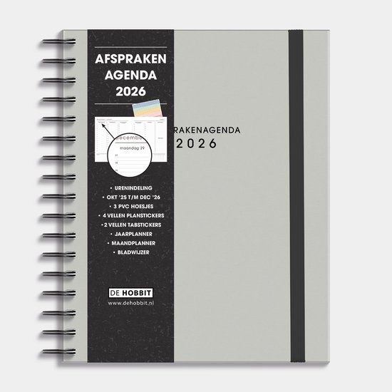 Hobbit - Afsprakenagenda 2026 - A5+ (23 x 18 cm) - Tijdindeling per uur - Zakelijke Agenda - Ringband Agenda - 1 week op 2 pagina's - Harde Kaft - Wash Craft Grijs