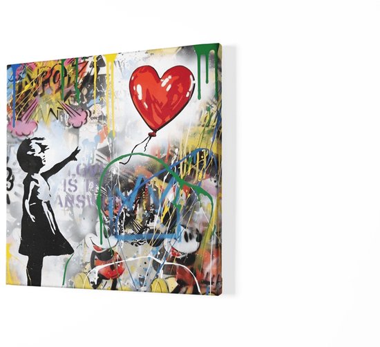 Tableau carré sur toile - Banksy Art - Fille et Ballon - Graffiti Art - 60x60x2 cm