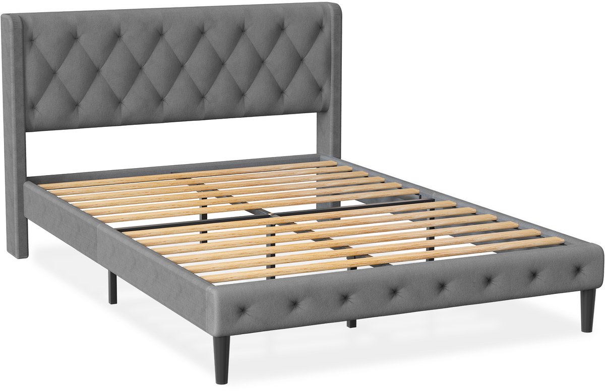 Elekiatech Bed - 140x200 cm Tweepersoonsbed - Met Luxe Fluwelen Hoofdbord - Verstevigd Stalen Frame - Massief Houten Lattenbodem - Draagvermogen 380 kg - Grijs/Beige