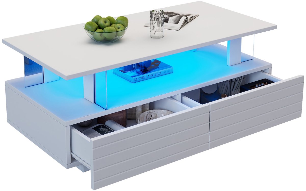 Merax Salontafel 100x50 met LED via APP – Wit Acryl Bijzettafel met 2 Lades en Open Schap