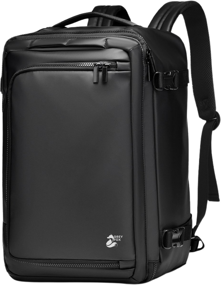 Grey Fox Laptop Handbagage Rugzak - 15.6 inch - Schooltas - Reistas - Waterafstotend - Kofferinsteek - tot 39L Ruime Capaciteit - PU Zwart