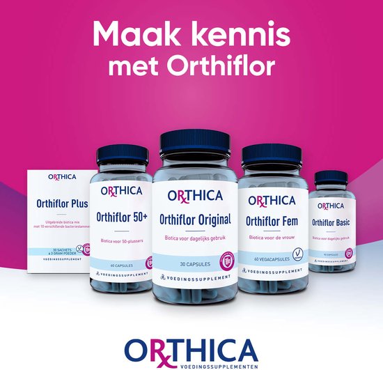 Vier Orthica producten op een rij: Orthiflor Plus, Orthiflor 50+, Orthiflor Original en Orthiflor Basic.