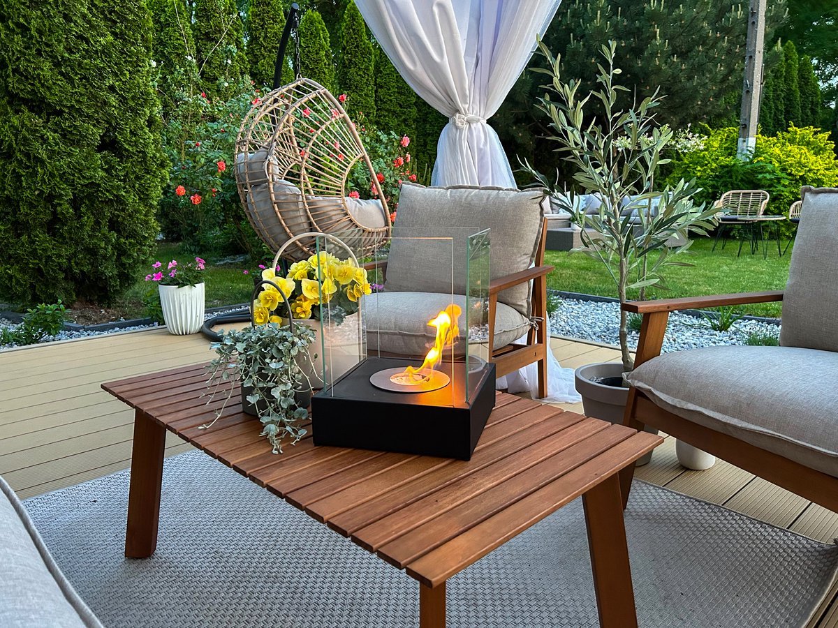 Luxe bio-ethanol sfeerhaard Sunset Garden Mini Zwart – geschikt voor binnen- en buitengebruik – rookvrij en stijlvol design.