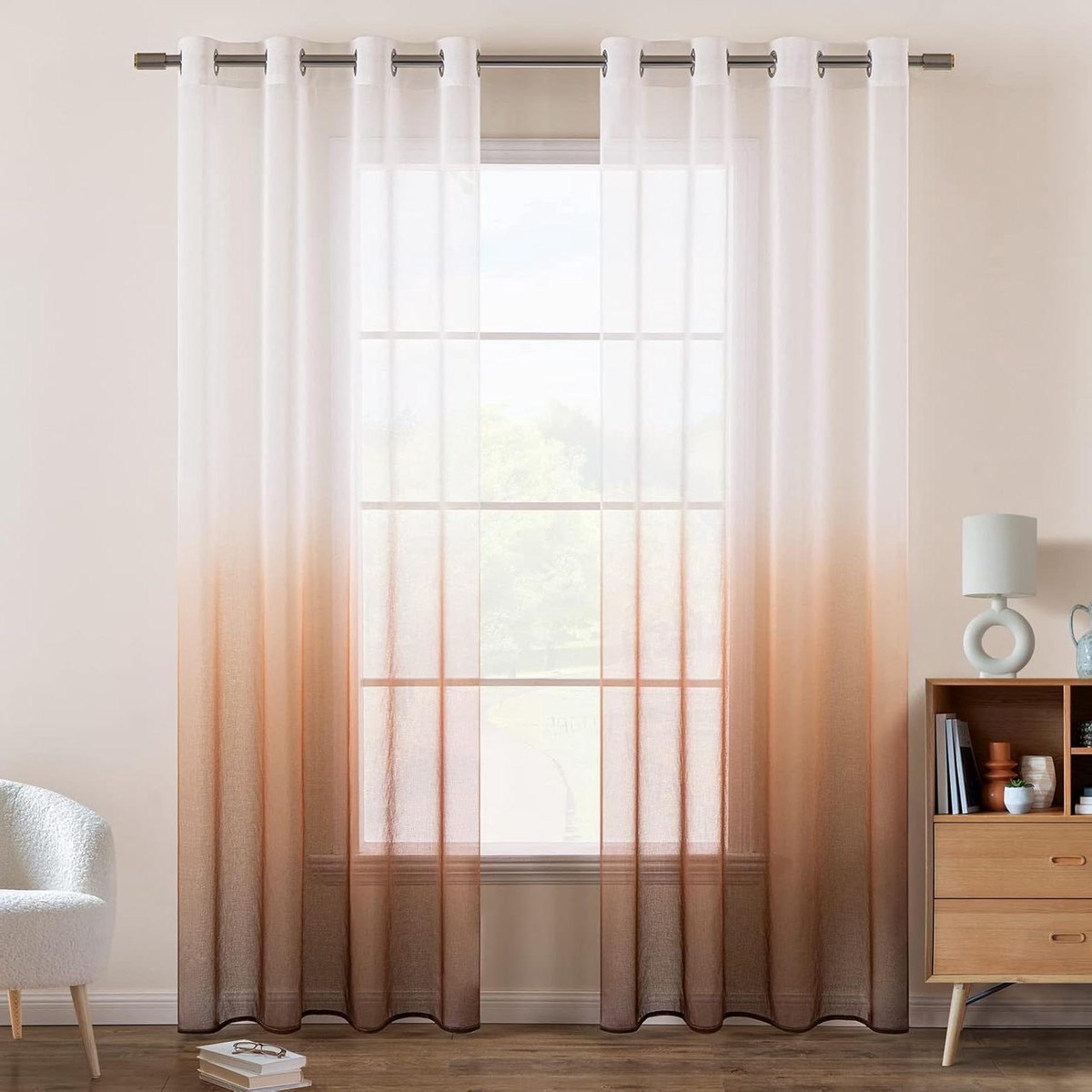 Allecto Plus - Transparante gordijnen voile vitrage met ogen voor slaapkamer en woonkamer - Set van 2 - Wit en koffiekleur - 175 x 140 cm