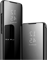 Allecto Plus - Étui transparent avec fonction support pour Samsung Galaxy S25 5G. Face avant miroir et coque de protection antichoc avec support pliable. Noir.