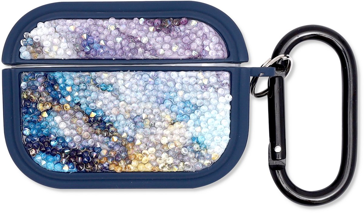 Casemania Hoesje Geschikt voor Apple AirPods Pro & Pro 2 - Blauw - Diamant Marmer Glitter Cover met Ring en Sleutelhanger