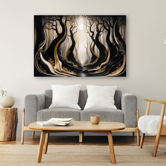 Mystiek bos met gouden bomen - Bos glasschilderij - Kunst bomen - Surrealistisch - Schilderij op acrylglas - Muurdecoratie landelijk - acrylglas 45x30 cm