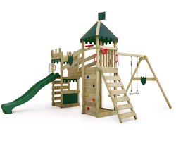 FATMOOSE RiverRun Royal XXL houten ridderkasteel met 2 torens en dubbele schommel - 2 zitjes, wiebelbrug, klimwand, klimladder, glijbaan 220 cm, zandbak, stuur en telescoop - glijbaan groen, zeil groen