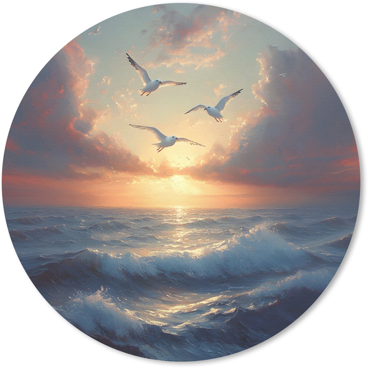 Muismat rond 20x20 cm - Mousepad Meeuwen - Zonsondergang - Zee - Wolken - Ronde muismatten