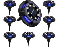 CNL Sight Solar Grondspots met 12LED Spotjes(8stuks) - RVS Grond Spots op Zonne-energie met 12 LED Spotjes - 10 Uur Buiten Verlichting in Tuin - Warm wit & blauw
