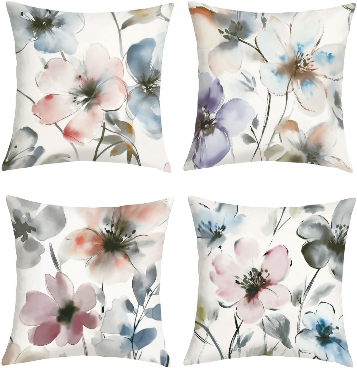 Ibenzoa Kussenhoezen Set van 4 met Bloemenprint in Waterverf Stijl voor Sierkussens in Woonkamer en Slaapkamer Meerkleurig