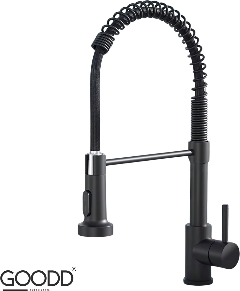 GOODD® - Keukenkraan - Keuken kraan met uittrekbare uitloop - Keukenmengkraan - Zwart - Met omstel