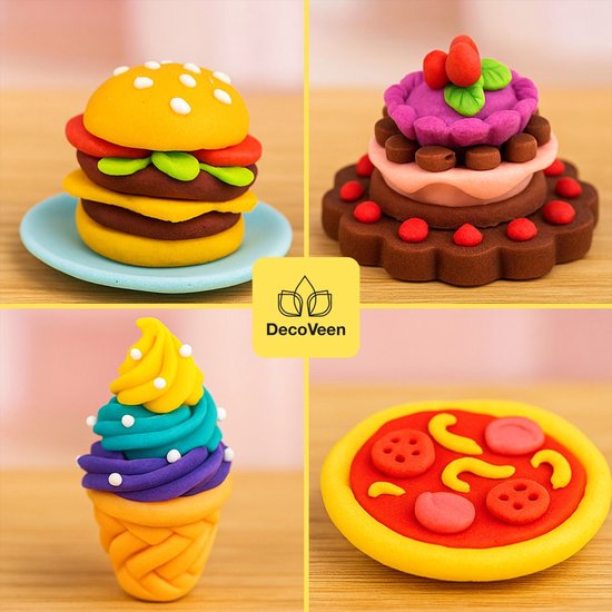 Collage van vier claycreaties: hamburger, meerlaagse cake, ijshoorntje en pizza.