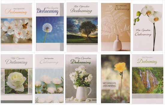 Collage van 10 wenskaarten met diverse bloemen en natuurbeelden.