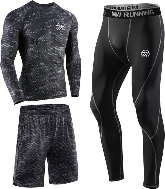 Foto: Meetyoo 3 in 1 compressie sportbroek heren compressie sportshirt met lange mouwen compressie sportlegging sportshort bedrukt grijs l