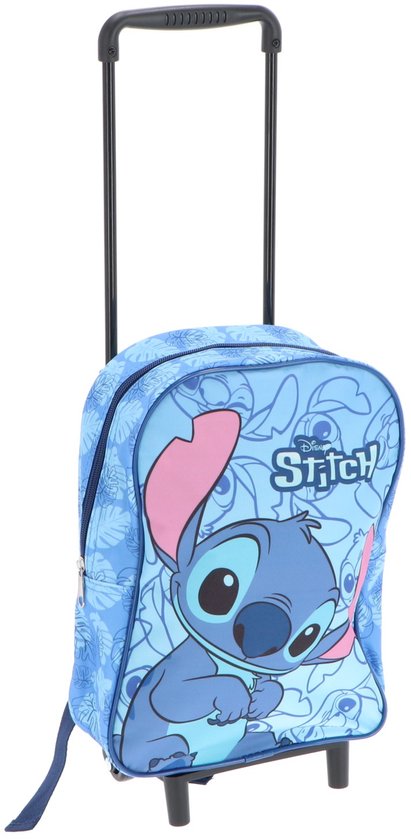 Blauwe Lilo & Stitch trolley rugzak met grote afbeelding van Stitch, de trolleyhendel omhoog.