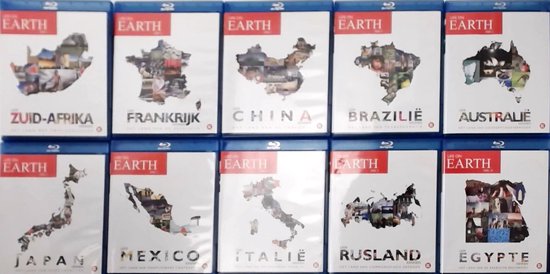 Tien Blu-ray hoesjes met kaarten van verschillende landen, waaronder Zuid-Afrika, Frankrijk, China, Brazilië, Australië, Japan, Mexico, Italië, Rusland en Egypte, met 'Life on Earth' logo.