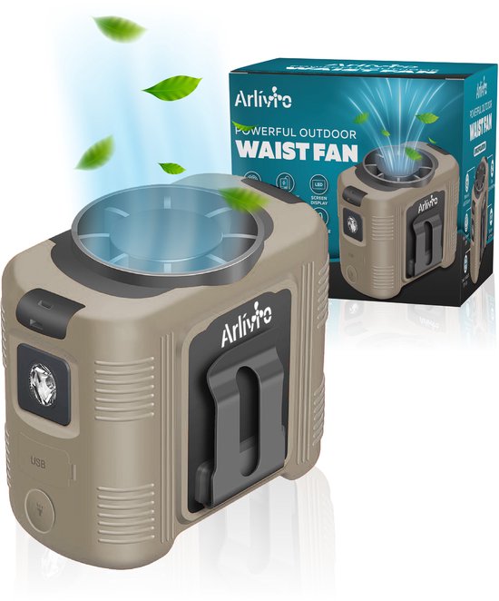 Mini draagbare ventilator Arlívio met clip, USB-C, 5 snelheden, LED-licht, stille werking, powerbank