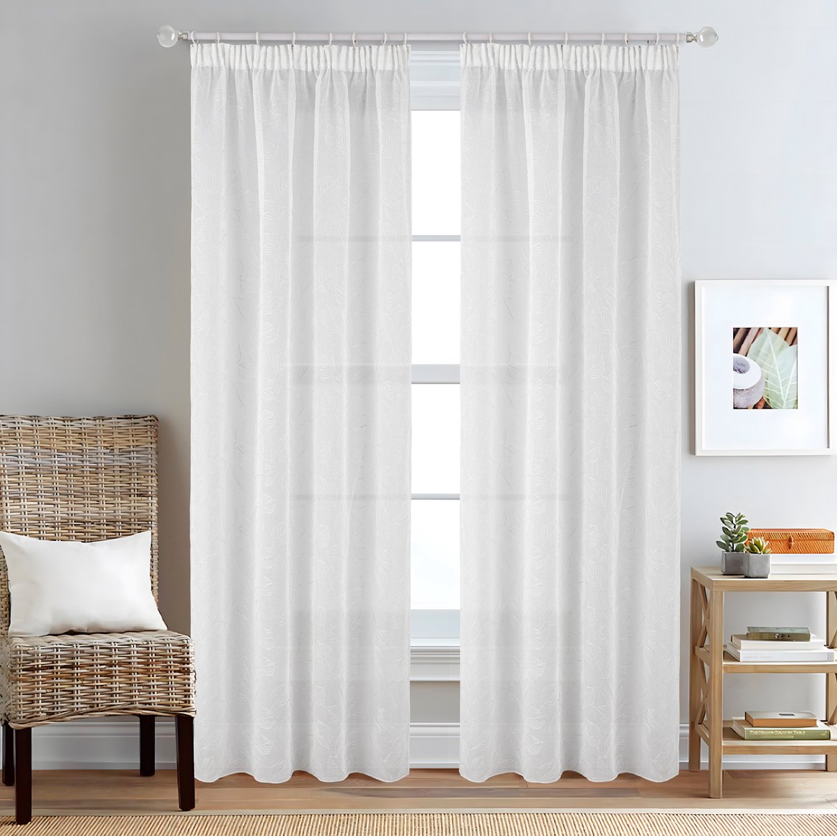 SB Line Vitrage Gordijn – 140x260 cm – Met Plooiband – Transparant met zilver bladmotief – Wit