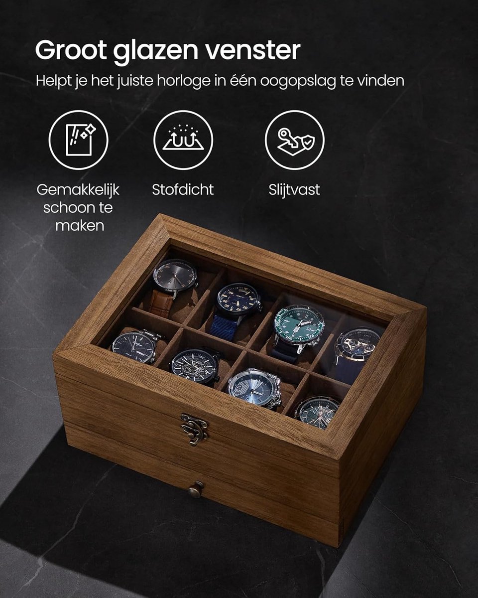 QIWODE 5 raster houten horlogedoos, horloge opbergkast houder horloge organizer met glazen display deksel voor mannen en vrouwen