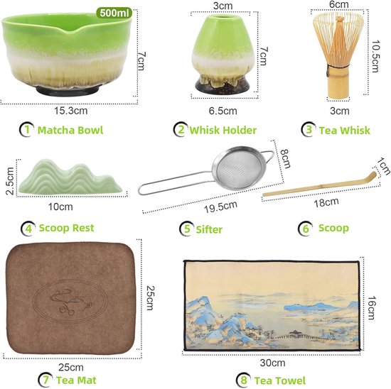 Joiish Matcha Mathca Theeset, 10-delige set, garde en kom met tuit en maatlepel, Japanse thee-bereidingsgereedschap, grijs