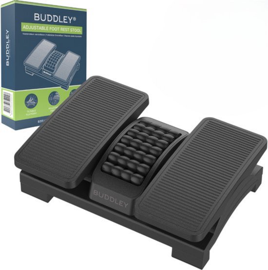 BUDDLEY Voetensteun Verstelbaar en Kantel plateau – Voetsteun Kantoor – Ergonomische Voetenbank Office – DIN 4556 – Met heerlijke massage functie