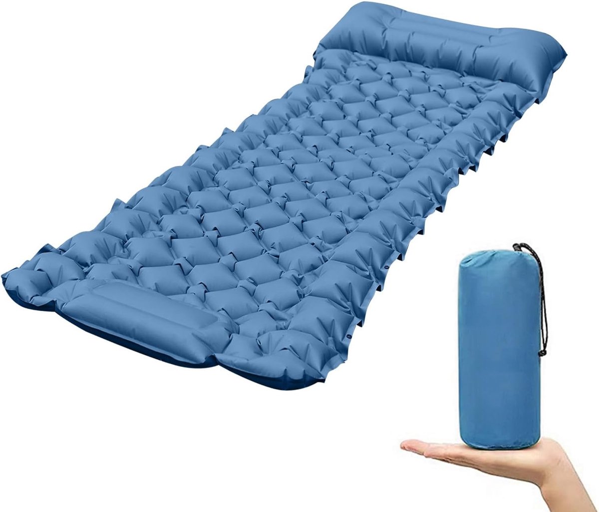 Zelfopblazende kampeermat, ultralichte slaapmat met kussen, 10 cm dik, waterdichte kampeermatras, duurzaam reismatras met ingebouwde voetpomp voor backpacken, blauw