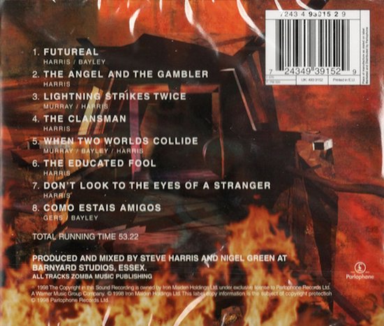 Achterkant van de CD-hoes van Iron Maiden's Virtual XI, met de tracklist en contactinformatie.
