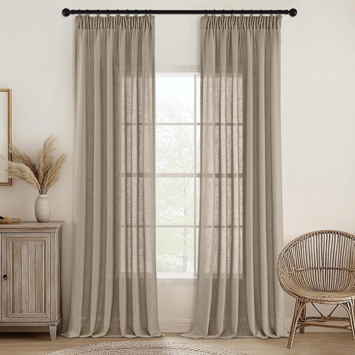 Ibenzoa® Donkerbruine Voile Gordijnen met Plooiband, Set van 2 (245x140cm)
